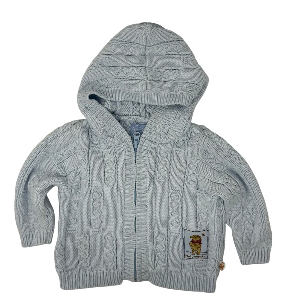 Vintage 00s Disney Winnie the Pooh Baby 0-6 Months Hooded Zip Sweater Blue